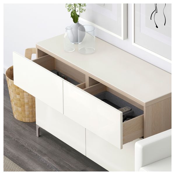 Комбинация для хранения с ящиками БЕСТО, под беленый дуб, Сельсвикен глянцевый/белый (120x40x74 см) - схема-чертеж с размерами