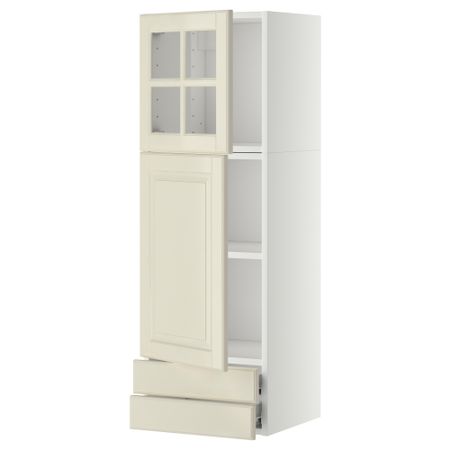 Навесной шкаф, дверцы, стеклянные дверцы, 2 ящика МЕТОД / ФОРВАРА, белый, Будбин белый с оттенком (40x120 см)