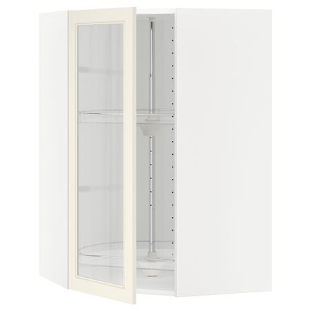 Угловой навесной шкаф с вращающающейся секцией, стеклянными дверцами МЕТОД, белый, Хитарп белый с оттенком