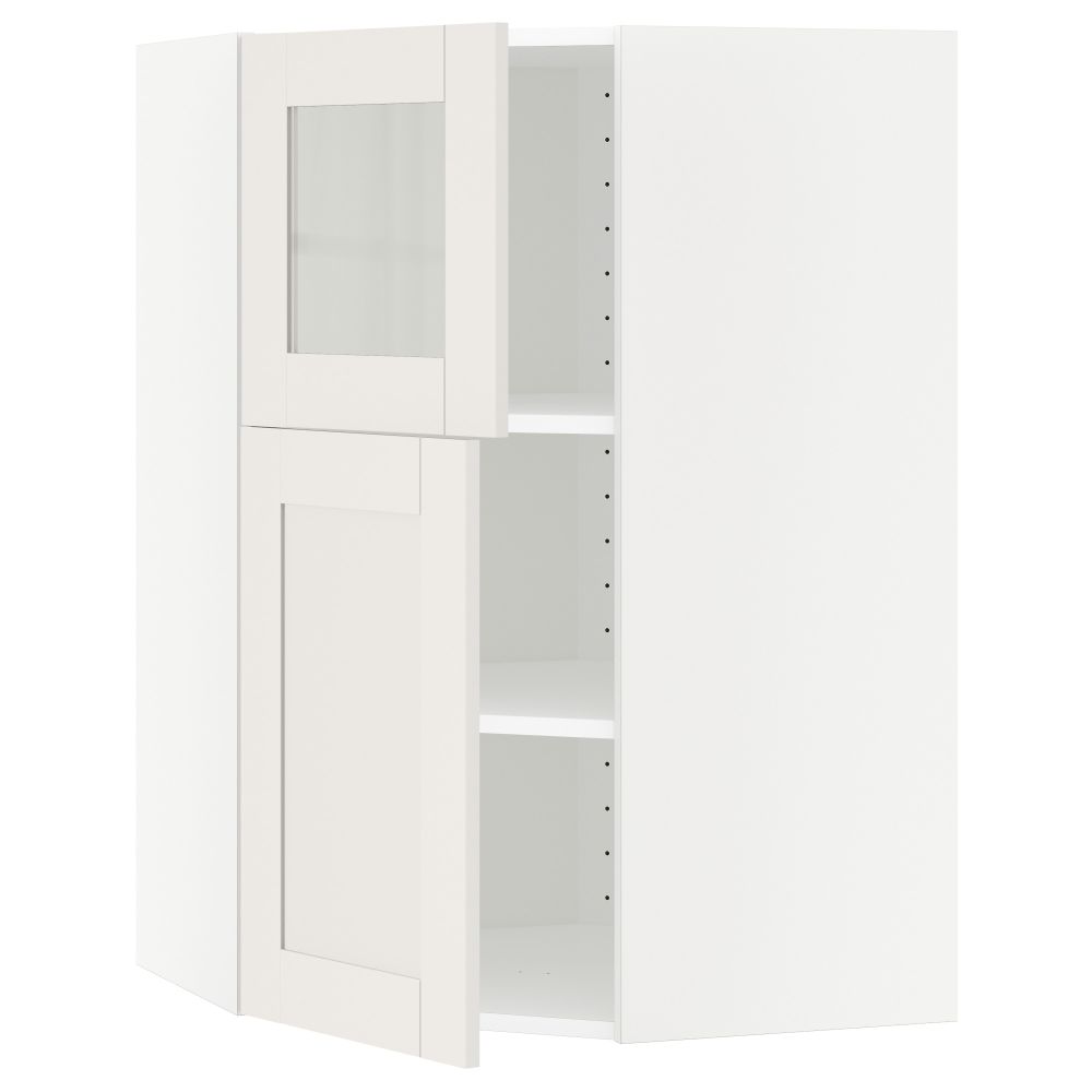 Угловой навесной шкаф + полки, 1 дверца, 1 стеклянные дверцы МЕТОД, белый, Сэведаль белый (68x100 см) - схема-чертеж с размерами