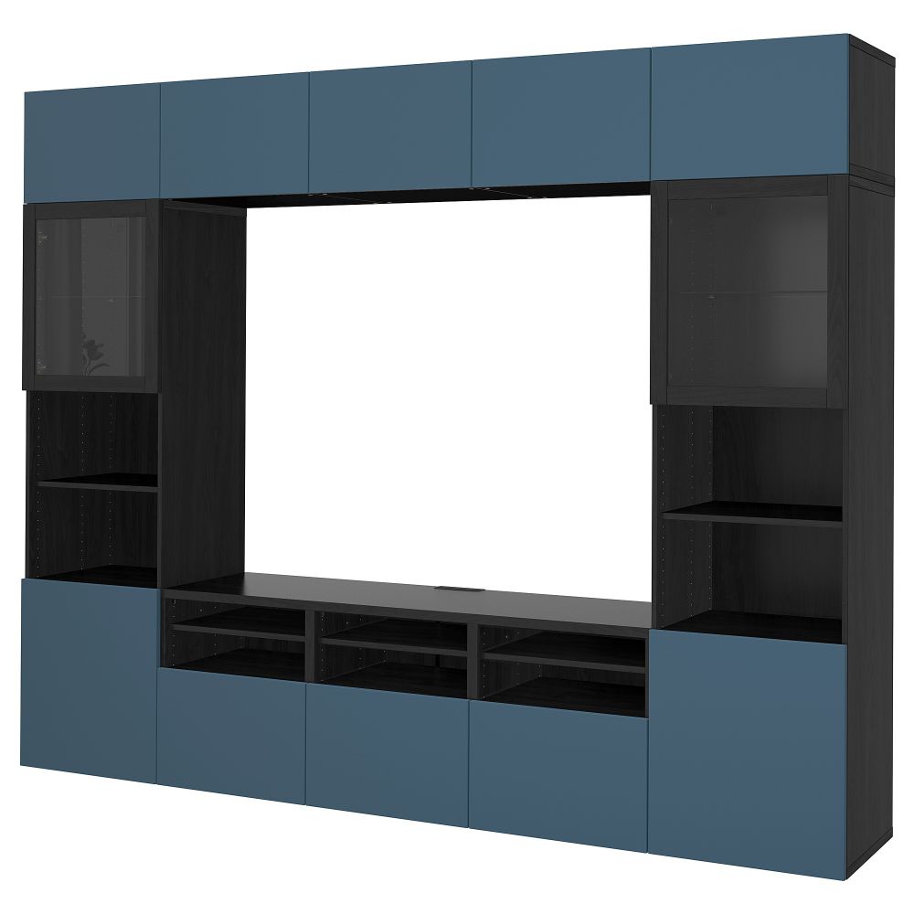 Шкаф для ТВ, комбинированный, стекляные дверцы БЕСТО, черно-коричневый Вальвикен, темно-синий прозрачное стекло (300x40x230 см) - фото 1