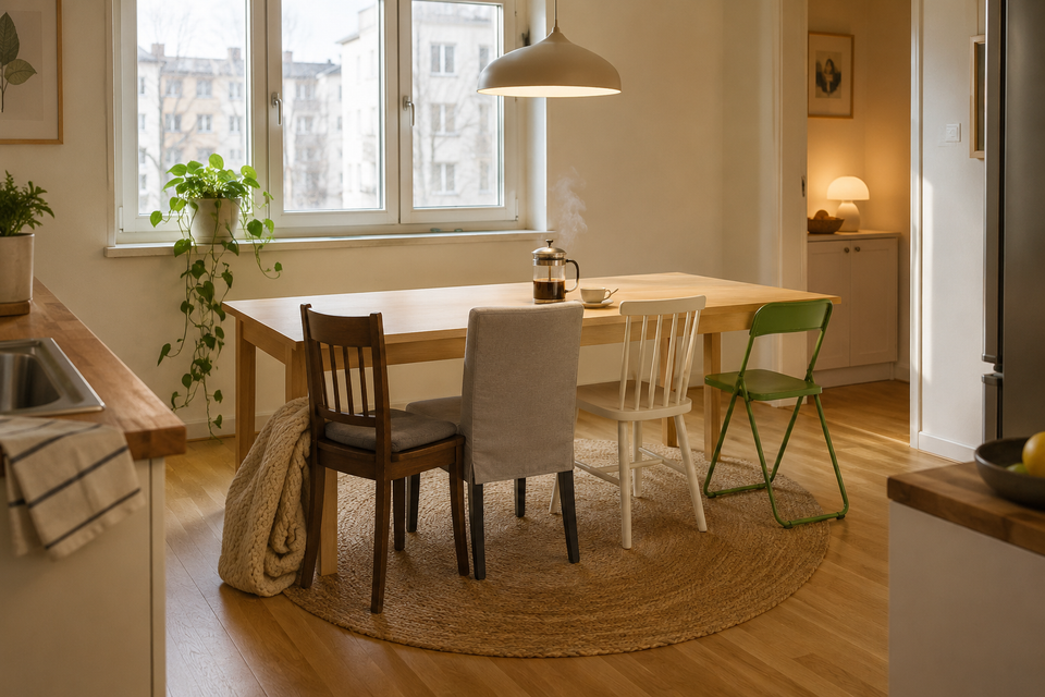 Четыре кухонных стула IKEA в ряд у стола: STEFAN, BERGMUND, NORDMYRA и PS 2026 в светлой кухне-столовой