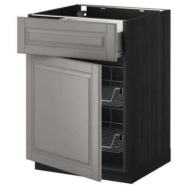 Напольный шкаф с проволочной корзиной, ящиком, дверью МЕТОД / ФОРВАРА, черный, Будбин серый - схема-чертеж с размерами