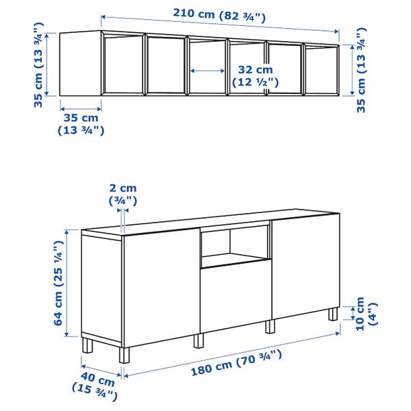 Комбинация для ТВ, белый 210x40x220 см IKEA BESTÅ БЕСТО / EKET ЭКЕТ 192.211.86 - схема-чертеж с размерами