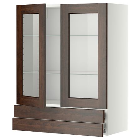 Навесной шкаф, 2 стеклянные дверцы, 2 ящика МЕТОД / ФОРВАРА, белый, Эдсерум коричневый