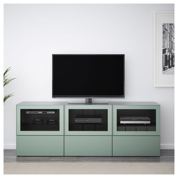 Тумба под ТВ, с дверцами и ящиками БЕСТО, черно-коричневый Сельсвикен, глянцевый/серо-зеленый светлый прозрачное стекло - фото 2