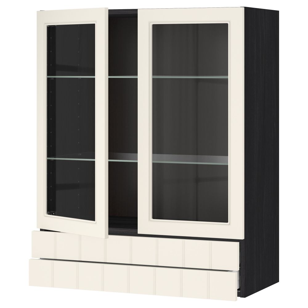 Навесной шкаф, 2 стеклянные дверцы, 2 ящика МЕТОД / МАКСИМЕРА, черный, Хитарп белый с оттенком - схема-чертеж с размерами