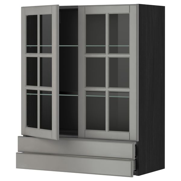 Навесной шкаф, 2 стеклянные дверцы, 2 ящика МЕТОД / МАКСИМЕРА, черный, Будбин серый - фото 1