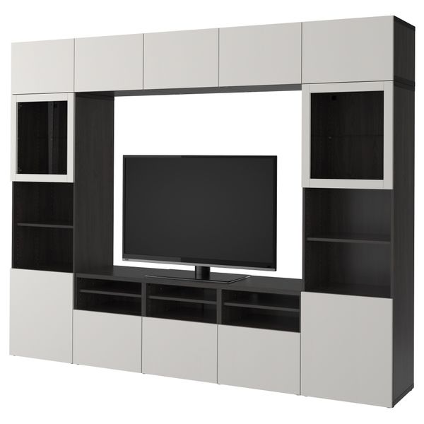 Шкаф для ТВ, комбинированный, стекляные дверцы БЕСТО, черно-коричневый, Лаппвикен светло-серый прозрачное стекло (300x40x230 см) - фото 1