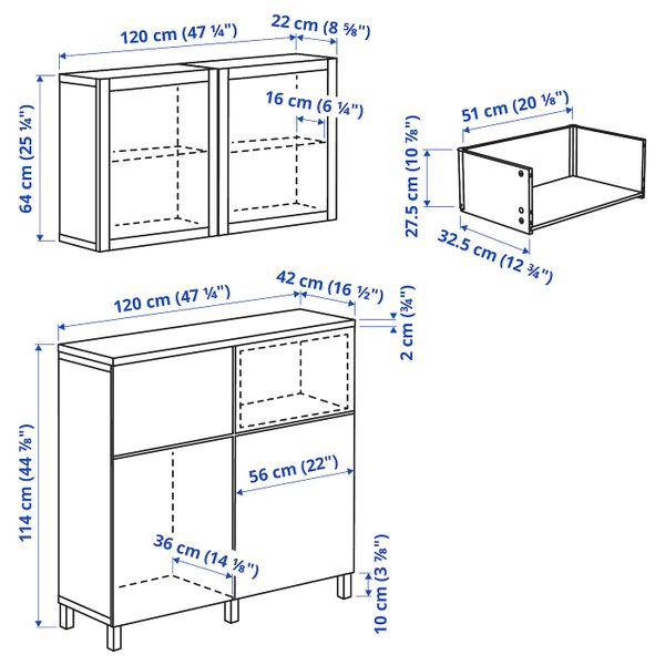Комбинация для хранения с дверцами/ящ, белый СУТТЕРВ/КАББАРП/серо-бежевый прозрачное стекло 120x42x240 см IKEA BESTÅ БЕСТО - схема-чертеж с размерами