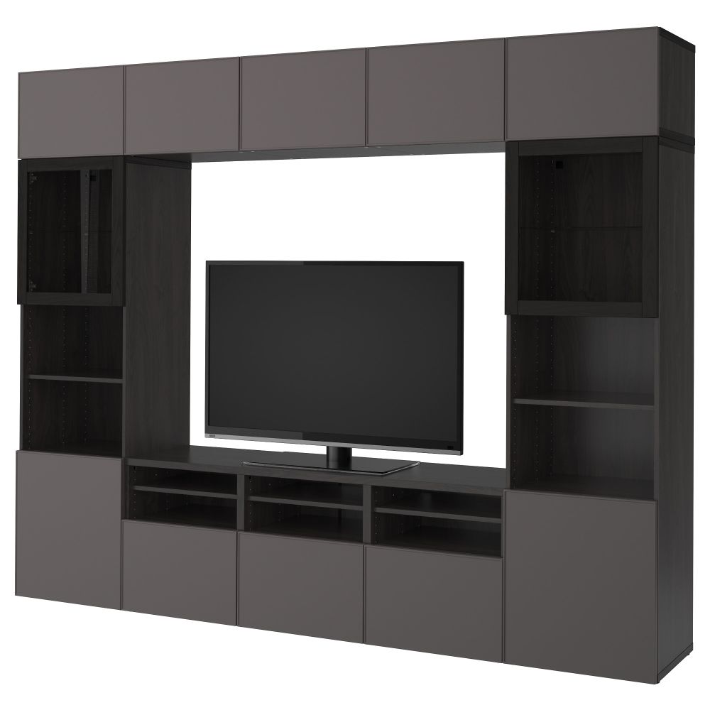 Шкаф для ТВ, комбинированный, стекляные дверцы БЕСТО, черно-коричневый Грундсвикен, темно-серый прозрачное стекло (300x40x230 - фото 1