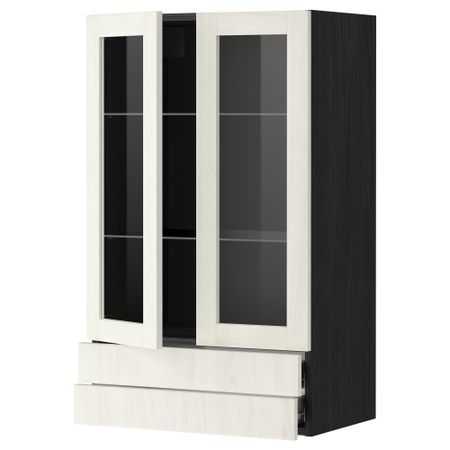 Навесной шкаф, 2 стеклянные дверцы, 2 ящика МЕТОД / ФОРВАРА, черный, Росдаль белый