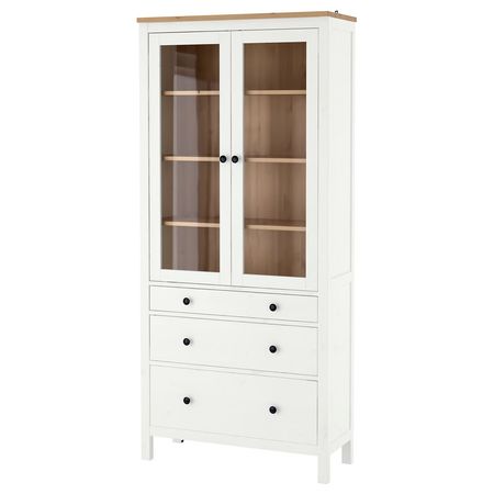 HEMNES Шкаф-витрина с 3 ящиками - белая морилка/светло-коричневый 90x197 см