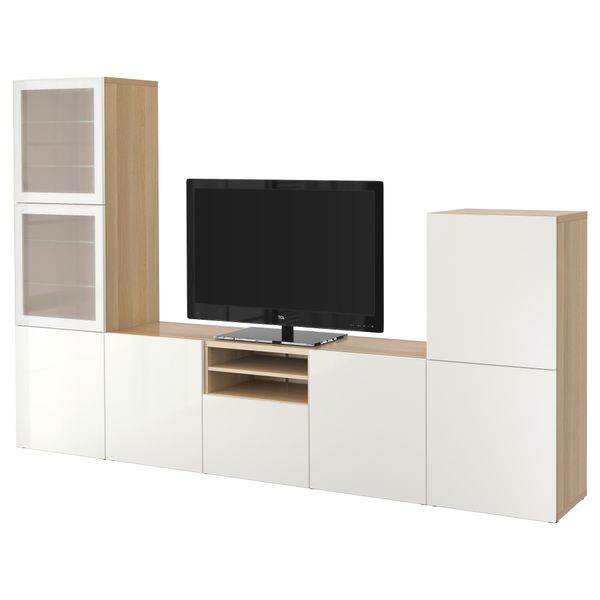 Шкаф для ТВ, комбинированный, стекляные дверцы БЕСТО, под беленый дуб, Сельсвикен глянцевый/белый матовое стекло (300x40x192 см) - фото 1