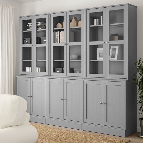 Комбинация для хранения с стеклянная дверцы, 243x47x212 см, серый IKEA HAVSTA ХАВСТА 992.659.68 - фото 3