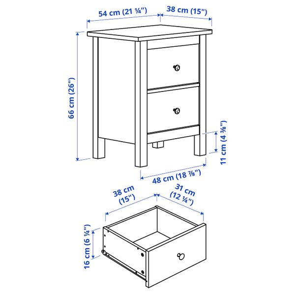 Комод с 2 ящиками, белая морилка 54x66 см IKEA HEMNES ХЕМНЭС 103.684.32 - схема-чертеж с размерами
