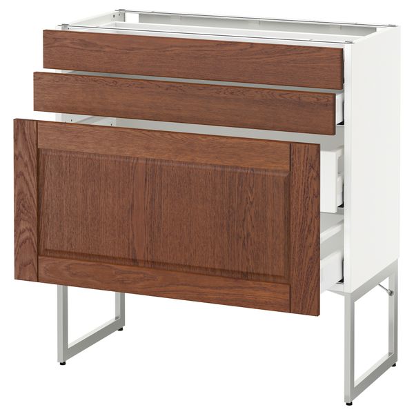Напольный шкаф 3 фронтальных панели, 2 нижних, 2 средних ящика МЕТОД / МАКСИМЕРА, белый, Филипстад коричневый - схема-чертеж с размерами
