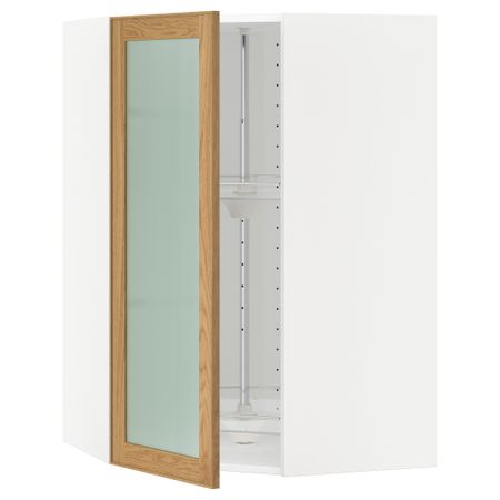 Угловой навесной шкаф с вращающающейся секцией, стеклянными дверцами МЕТОД, белый, Экестад дуб