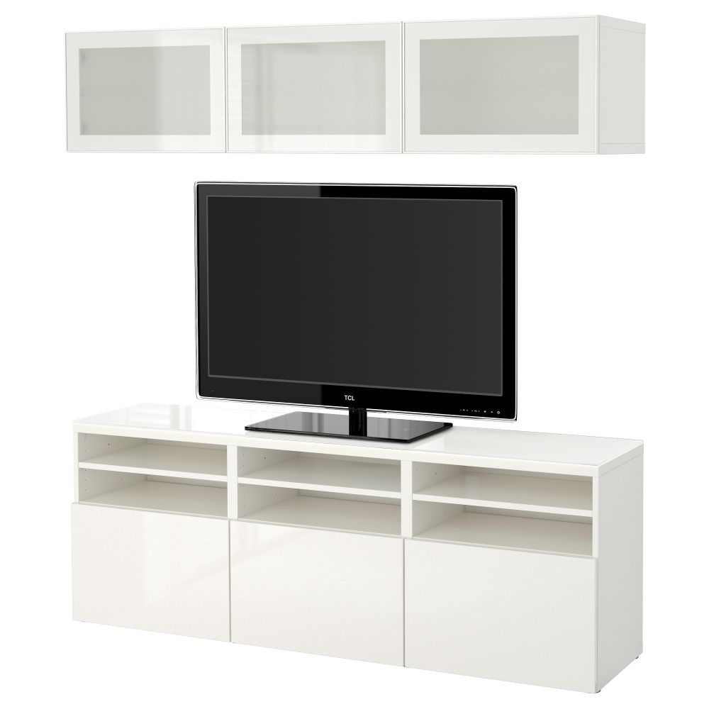 Шкаф для ТВ, комбинированный, стекляные дверцы БЕСТО, белый, Сельсвикен глянцевый/белый матовое стекло (180x40x192 см) - фото 1