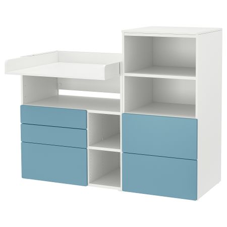 Пеленальный стол, белый синий, со стеллажом, 150x79x123 см IKEA PLATSA ПЛАТСАA ПЛАТСА, SMÅSTAD СМОСТАД 895.426.50