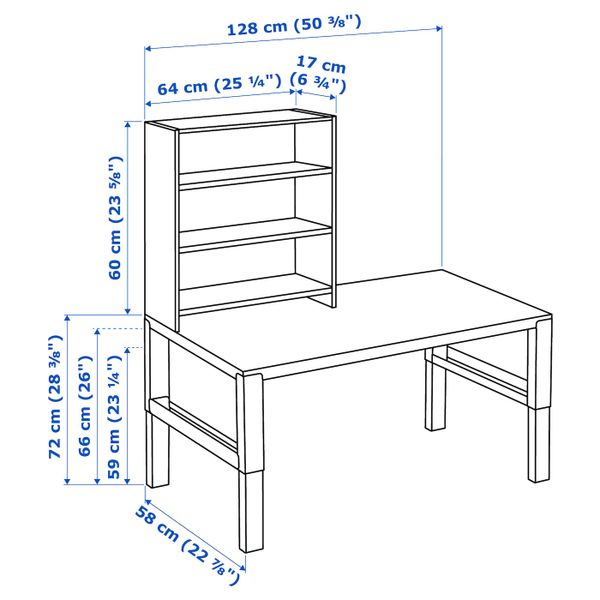 Письменный стол с полками, белый/зеленый 128x58 см IKEA PÅHL ПОЛЬ 192.784.13 - схема-чертеж с размерами