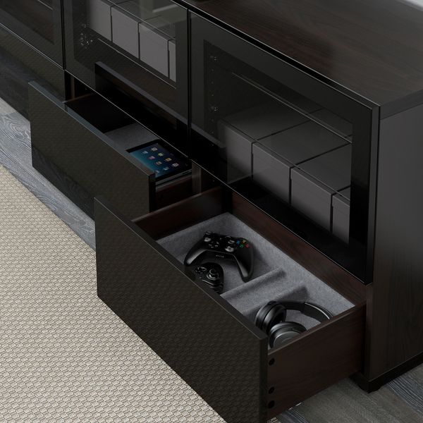 Тумба под ТВ, с дверцами и ящиками, 180x40x64 см, черно-коричневый, Selsviken глянцевый, черный прозрачное стекло IKEA BESTÅ - фото 4