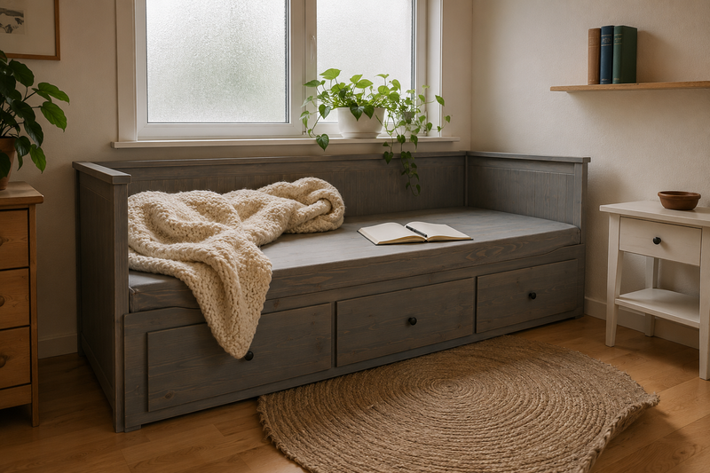 Серая кушетка HEMNES в светлой скандинавской гостиной с пледом и блокнотом на сиденье