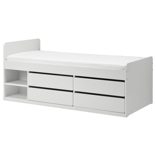 Каркас кровать, отделение для хранения + реечное дн, белый 90x200 см IKEA SLÄKT СЛЭКТ 592.919.69 - фото 1
