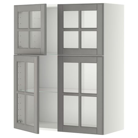 Навесной шкаф, полки, 4 стеклянные двери, белый, Bodbyn серый, 80x100 см IKEA METOD МЕТОД 693.949.62