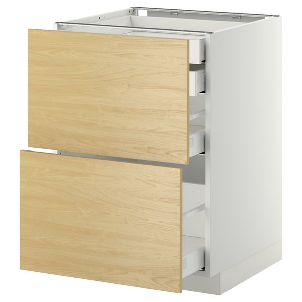 Напольный шкаф 2 фронтальные панели, 2 нижних, 1 средний, 1 высокий ящик МЕТОД / МАКСИМЕРА, белый, Тингсрид береза - фото 1