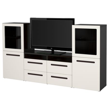 Шкаф для ТВ, комбинированный, стекляные дверцы БЕСТО, черно-коричневый, Марвикен белый прозрачное стекло (240x40x128 см)