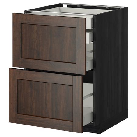 Напольный шкаф 2 фронтальные панели, 2 нижних, 1 средний, 1 высокий ящик МЕТОД / МАКСИМЕРА, черный, Эдсерум коричневый