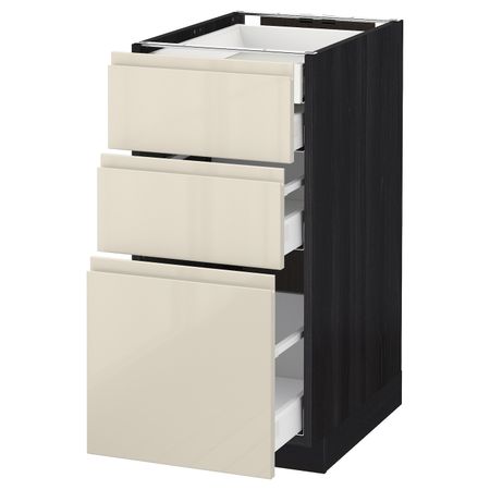 Напольный шкаф 3 фронтальные панели, 2 низких, 1 средний, 1 встроенный ящ, черный, Воксторп глянцевый светло-бежевый 40x60 см