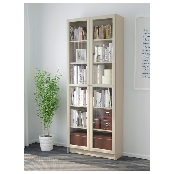 Шкаф книжный со стеклянными дверьми, бежевый, 80x30x202 см IKEA БИЛЛИ 803.842.21 - фото 3