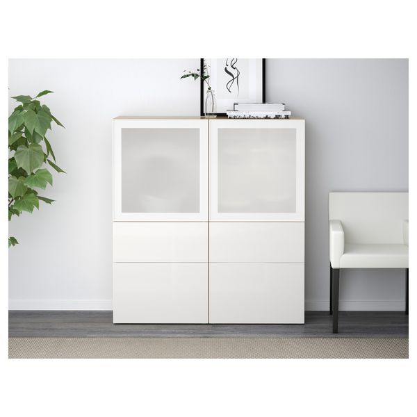 Комбинация для хранения со стеклянными дверцами БЕСТО, под беленый дуб, Сельсвикен глянцевый/белый матовое стекло (120x40x128 - фото 2