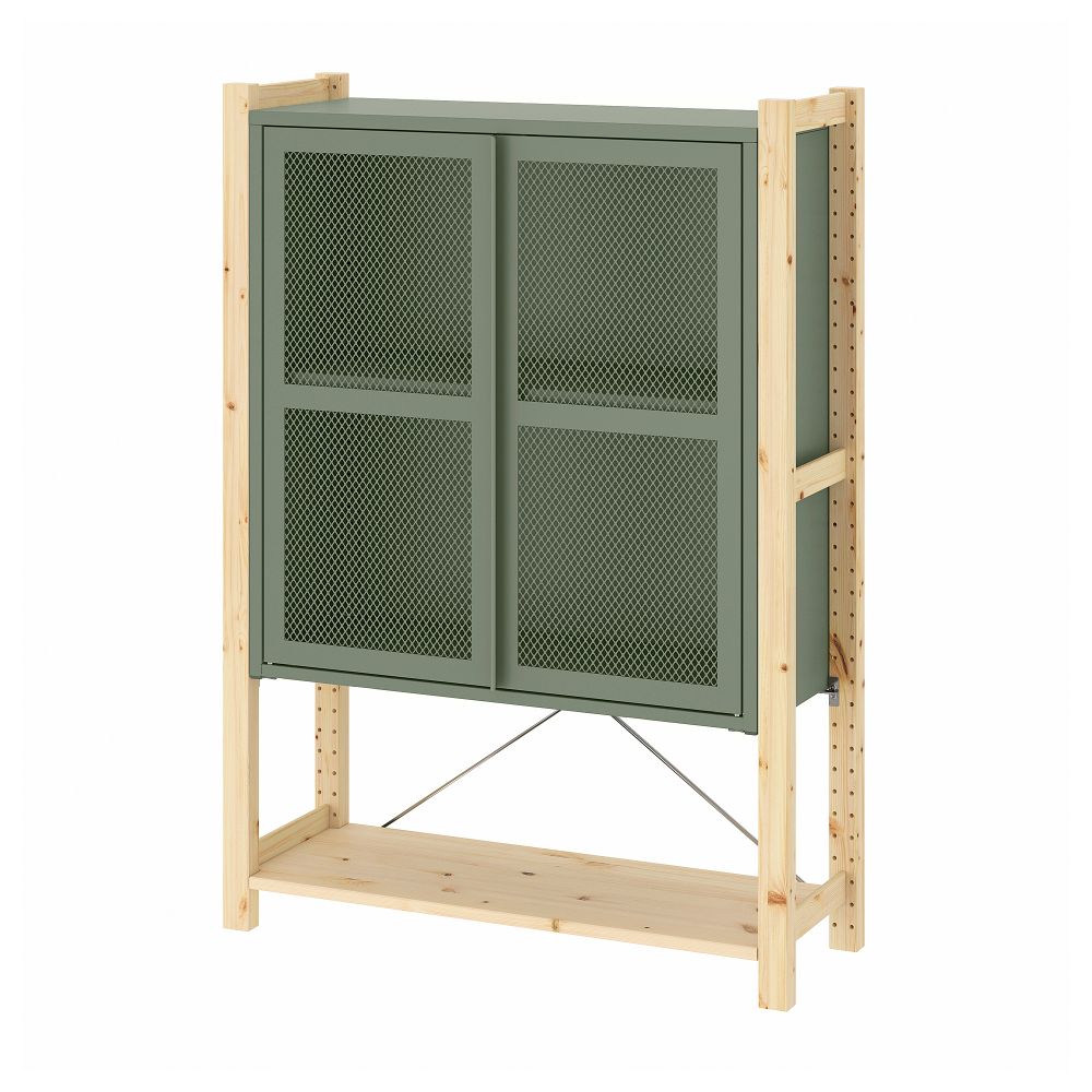 Шкаф с дверями, 89x30x124 см, сосна, серо-зеленый сетка IKEA IVAR ИВАР 295.081.59 - фото 1