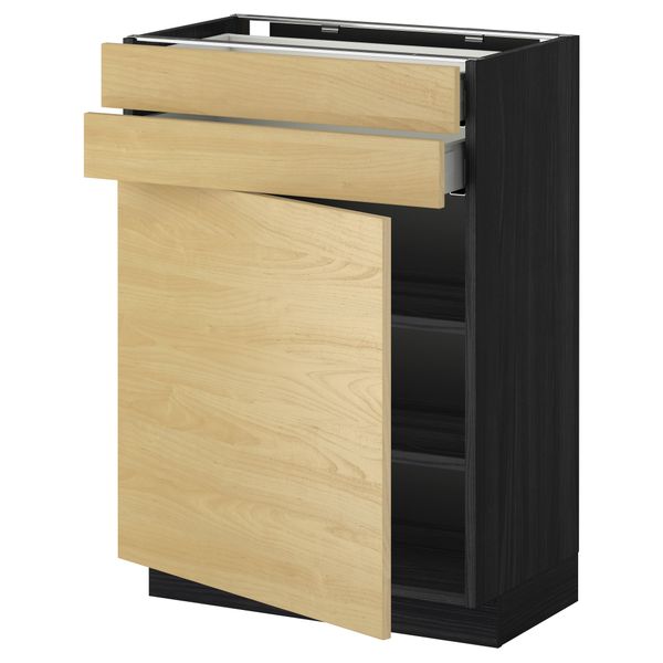 Напольный шкаф с дверцей, 2 ящиками МЕТОД / МАКСИМЕРА, черный, Тингсрид береза - схема-чертеж с размерами