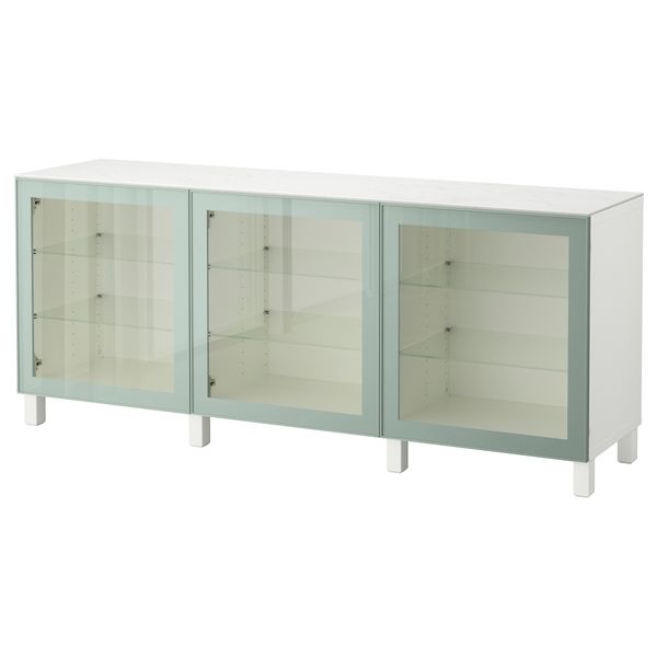 Комбинация для хранения с дверцами БЕСТО, белый Глассвик, глянцевый/серо-зеленый светлый прозрачное стекло (180x42x74 см) - фото 1