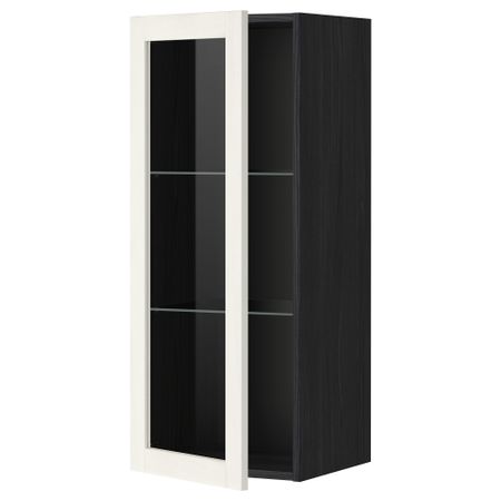 Навесной шкаф с полками, стекляными дверцы МЕТОД, черный, Росдаль белый