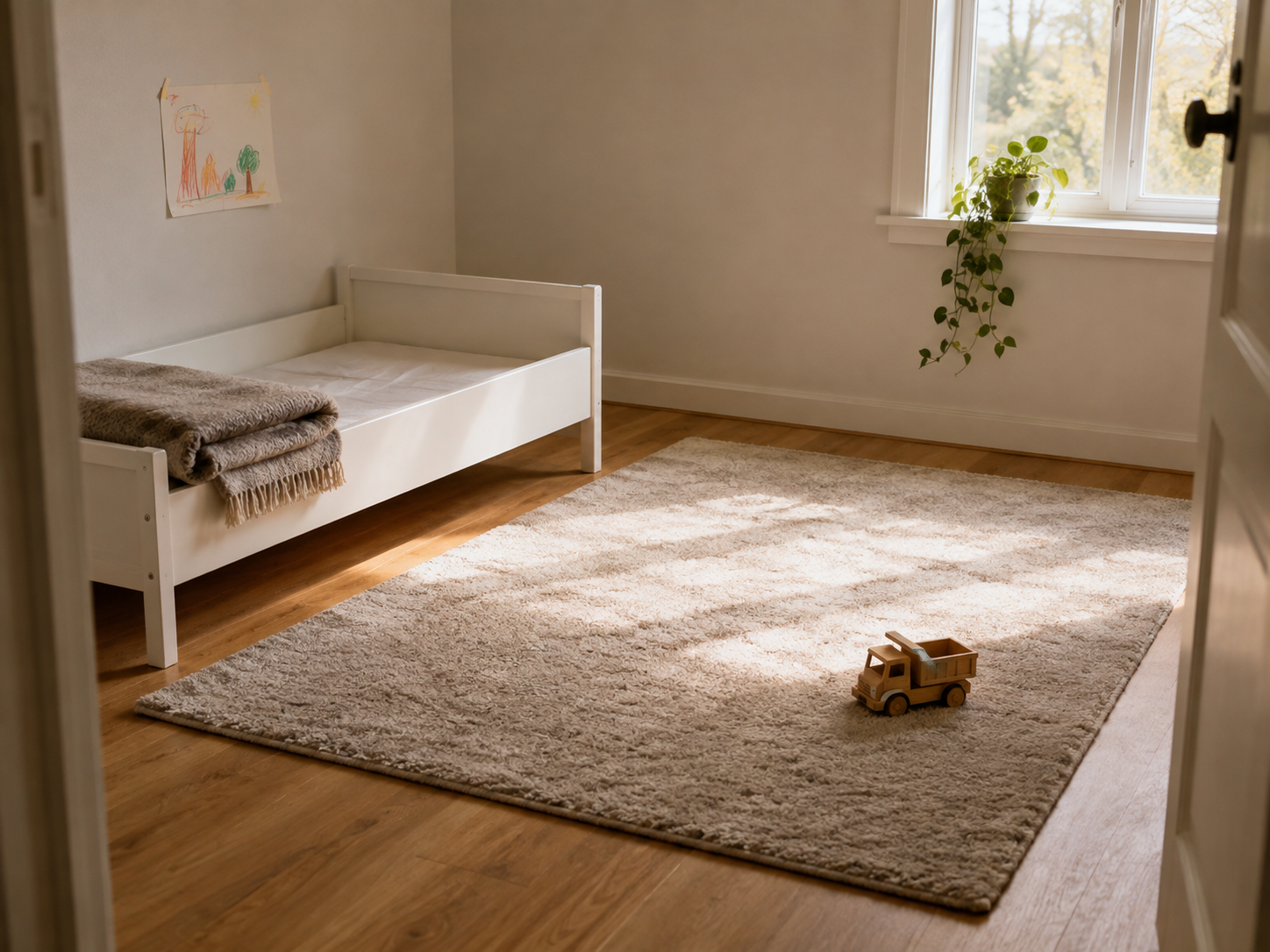 Детская комната с ковром IKEA на тёплом полу: игровой уголок с деревянной <a href=