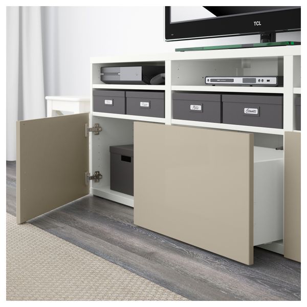 Шкаф для ТВ, комбинированный, стекляные дверцы БЕСТО, белый, Сельсвикен глянцевый/бежевый прозрачное стекло (180x40x192 см) - фото 3