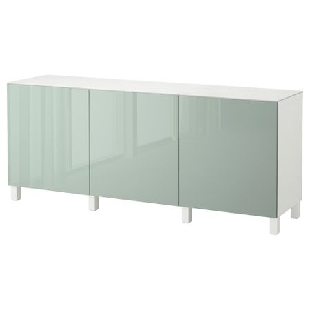 Комбинация для хранения с дверцами БЕСТО, белый, Сельсвикен глянцевый/серо-зеленый светлый (180x42x74 см)