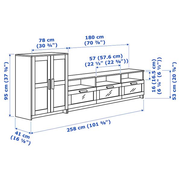 Шкаф для ТВ, комбинация, черный 258x41x95 см IKEA BRIMNES БРИМНЭС 792.782.12 - схема-чертеж с размерами