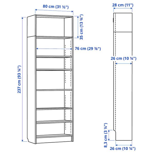 Стеллаж, белый 80x28x237 см IKEA BILLY БИЛЛИ 991.822.04 - схема-чертеж с размерами