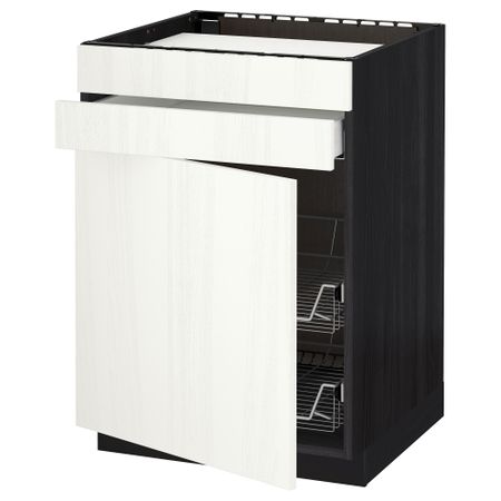 Напольный шкаф для варочной панели, ящик, 2 проволочных корзины МЕТОД / МАКСИМЕРА, черный, Росдаль белый (60x60 см)