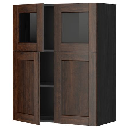 Навесной шкаф, полки, 2 двери, 2 стеклянные дверцы МЕТОД, черный, Эдсерум коричневый (80x100 см)