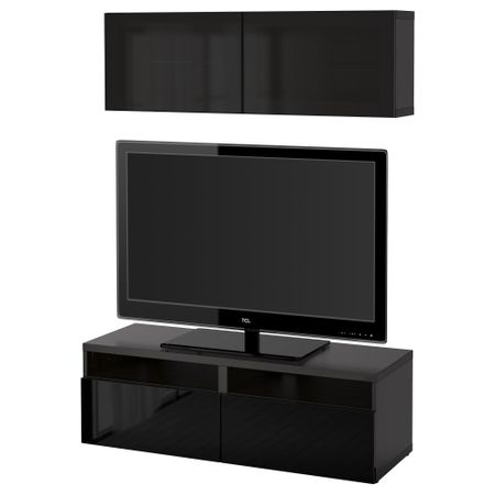 Шкаф для ТВ, комбинированный, стекляные дверцы БЕСТО, черно-коричневый, Сельсвикен глянцевый/черный дымчатое стекло