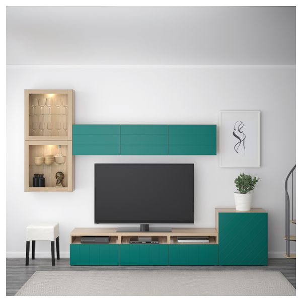 Шкаф для ТВ, комбинированный, стекляные дверцы БЕСТО, под беленый дуб Халлставик, сине-зеленый прозрачное стекло (300x20/40x211 - фото 2