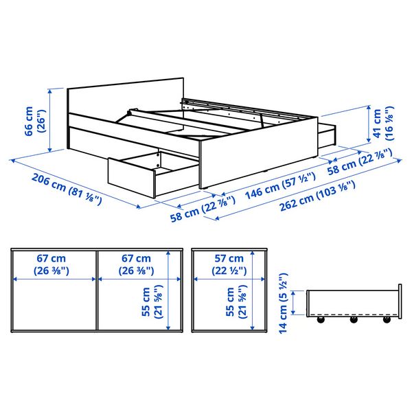 VIHALS Каркас кровати с 4 ящиками - белый/Luröy 140x200 см - схема-чертеж с размерами