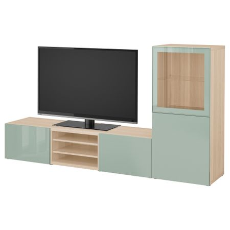 Шкаф для ТВ, комбинированный, стекляные дверцы БЕСТО, под беленый дуб Сельсвикен, глянцевый/серо-зеленый светлый прозрачное